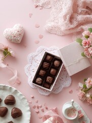 Valentines Day setup features assorted chocolates in an open box, heart-shaped confetti, lace doilies, and notes arranged on a pastel pink background with flowers