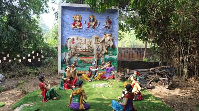 Idols of hindu gods in Van Vihar Ashram temple, Puri, Odisha, India, exhibiting story of Kamdhenu Cow as per hindu mythology