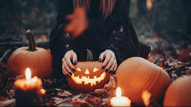 A woman carves a smiling pumpkin surrounded by candles and autumn leaves.