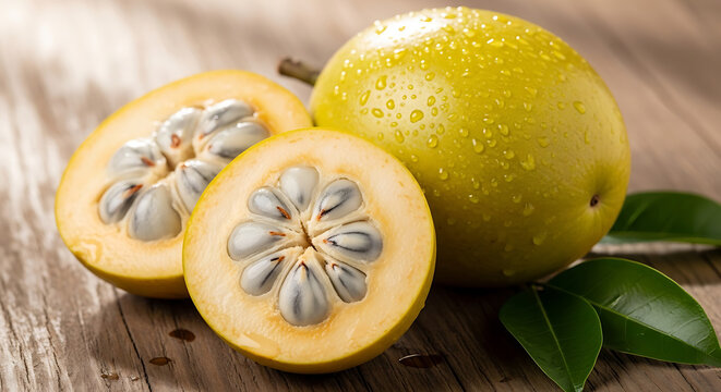 Ara&ccedil;a whole fruit next to half cut highlighting pale yellow flesh and aromatic texture