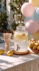 The party table is ready with a clear drink dispenser filled with lemonade and lemon slices. Straws sit beside it, and a bowl of fresh lemons adds to the festive look