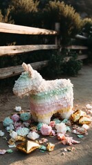 A donkey-shaped pi&ntilde;ata stands on dirt surrounded by colorful paper and candy at a birthday party. Bright decorations lay scattered around it. Friends may gather to break it