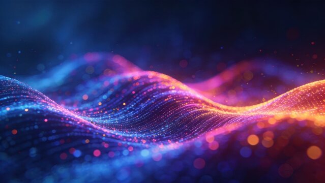 Colorful flowing digital wave of glowing particles,illustrating data flow,artificial intelligence,technology innovation and futuristic abstract background for science and tech concepts