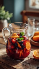 A pitcher is filled with a mix of oranges, strawberries, and blueberries on a wooden table. Nearby, there are sliced oranges and glasses ready for drinks