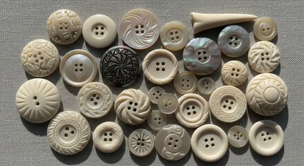 Collection of assorted ivory and shell fasteners displays intricate carving and varied hole counts.