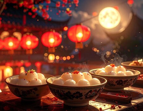 Photorealistic close-up of tangyuan dessert for Lantern Festival with steam rising, under red lanterns at night