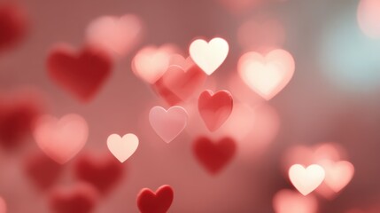 This background showcases red heart-shaped bokeh lights in soft focus. It creates an abstract atmosphere ideal for romantic themes and offers space for text. Perfect for Valentine's Day