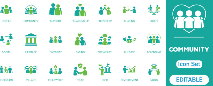 Community icon set. Containing people, friendship, social, diversity, village, relationships, support and community development icons. Solid icon collection.



