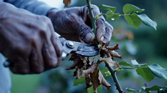 Closeup of senior male hands pruning rose stem with garden shears, practical home gardening and plant care, calm outdoor yard work mood, spring season