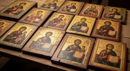Numerous antique religious paintings are arranged closely together on a wooden surface.