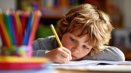 A schoolboy is working hard on his homework. He is writing carefully in his workbook. The scene shows a comfortable classroom or study area with natural light for focus