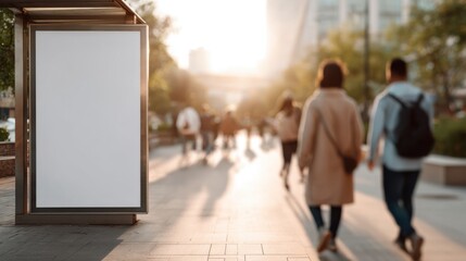 People walk past a blank vertical advertising billboard on a busy city sidewalk. The scene captures urban life with sunlight shining in the late afternoon