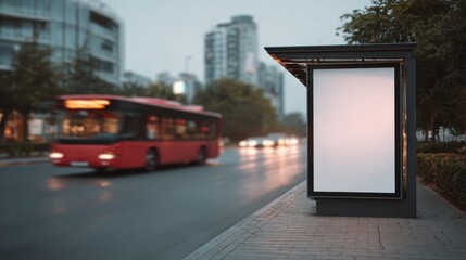 A blank vertical street advertising billboard stands on the sidewalk in a modern city. A red bus moves past in a blur, caught in evening light. Urban life is on display