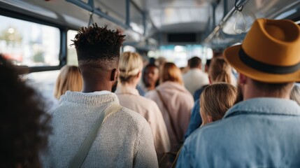 Inside a city bus, passengers stand close together as the bus moves. People are dressed casually and engaged in their own thoughts. Natural light brightens the space