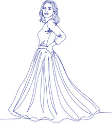 A woman in a long dress standing with her hands on her hips. Vector, illustration