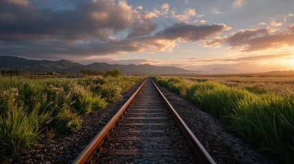 A railway track stretches forward into the horizon under a colorful sky at sunrise. Lush green grass lines the sides, and clouds add depth to the scene