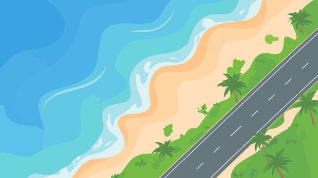 Aerial view of a coastal road winding through palm trees beside a sandy beach and blue ocean waves