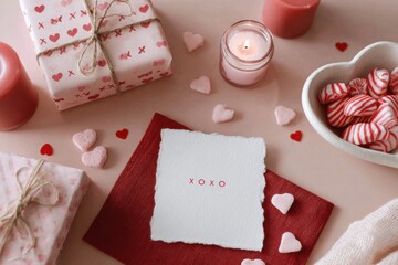 Decorative setup for Valentines Day features a torn card, wrapped gifts, heart-shaped confetti, candy bowl, and candles on a pink background
