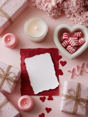 Flat lay shows a cozy setup for Valentines Day with gifts, a torn card, heart-shaped candies, and soft candles on a pink background. The scene is bright and inviting