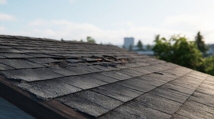 Damaged asphalt roof shingles show signs of lifting and structural problems. This close-up highlights the roof's texture and the effects of weather. Daylight reveals details on the surface
