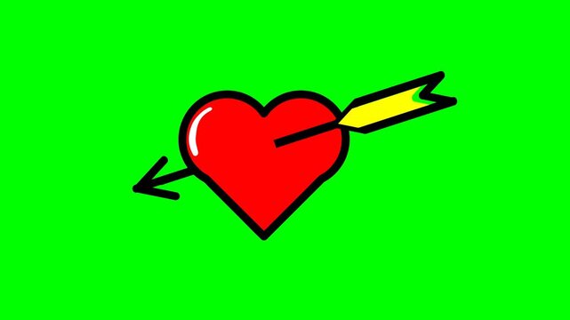Cupid Heart with Arrow Illustration on Green Screen Chroma Key Background