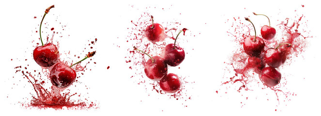 Obraz na płótnie Canvas PNG Vibrant cherries splashing water, element set on transparent background