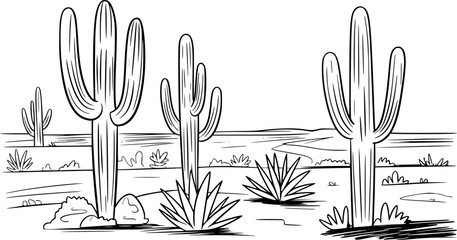 Hand drawn line desert landscape with saguaro cacti and agave plants cactus © simplevector