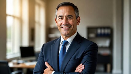 Fototapeta premium Confident hispanic male business professional smiling in office setting.