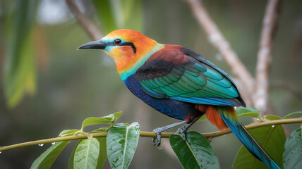 Obraz premium Vibrant bird with orange, blue, and green plumage perched on a leafy branch