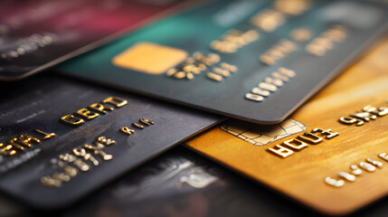 Credit card debt concept with stacked plastic payment card closeup showing chip and embossed numbers, shallow depth of field, financial tension