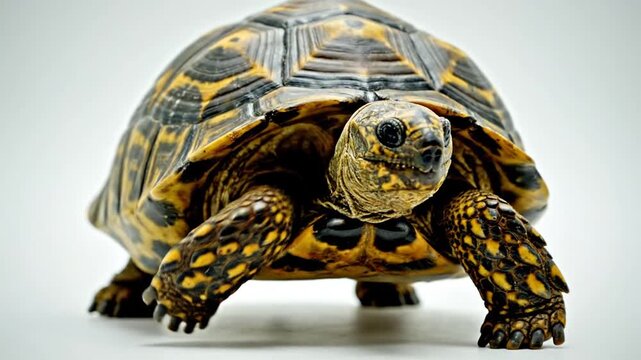 Close-up of tortoise with patterned shell on white background