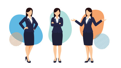 Fototapeta premium Professional businesswoman in a dark suit showing confident poses and gestures for leadership and a business presentation.