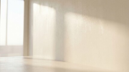Fototapeta premium Soft light pours into an empty, minimalist interior space through large windows and walls.