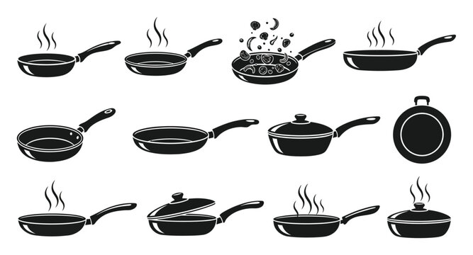 Collection of Black and White Frying Pan Illustrations with Steam and Food
