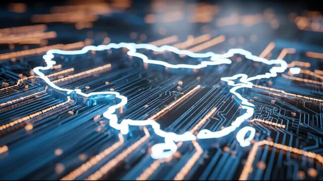 Abstract blue neon map of Bulgaria on a circuit board background.