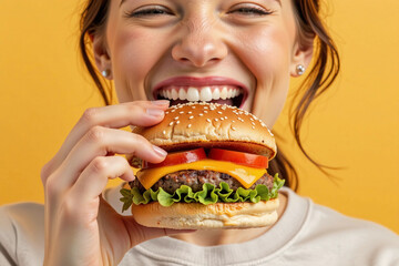 Happy Woman Eating Delicious Burger on Bright Yellow Background
