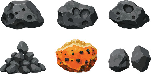 Set of various dark grey space asteroids and meteorites with craters including a glowing orange lava rock for astronomical vector design © Shahanaj