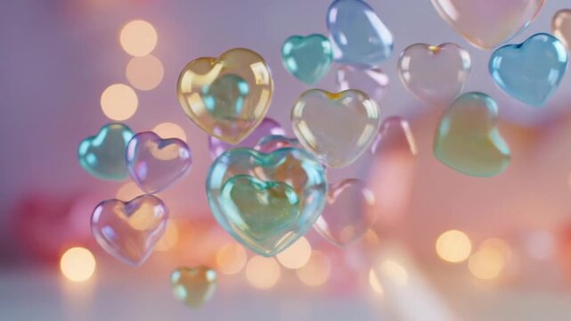Floating Hearts: A collection of shimmering, transparent heart-shaped objects float gently in a soft, dreamy environment, conveying feelings of love and affection.