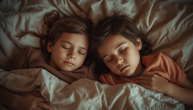 Two young girls peacefully sleeping together in a cozy bed