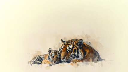 Obraz premium Mother tiger and cub resting together in traditional oriental watercolor style with copy space for family theme