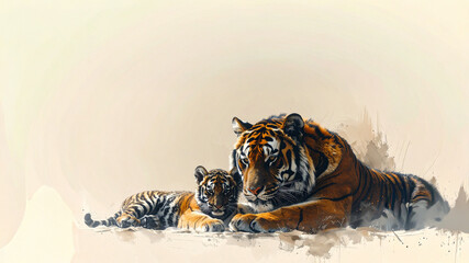 Obraz premium Mother tiger and cub resting together in traditional oriental watercolor style with copy space for family theme