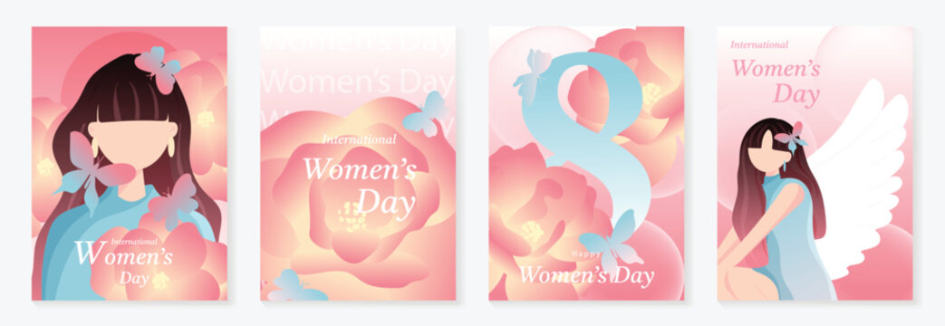 International Womens Day vector poster illustration with girl illustration, angel wings, hearts and soft pink gradients. Uplifting design for greeting cards, posters, banners and invitations.