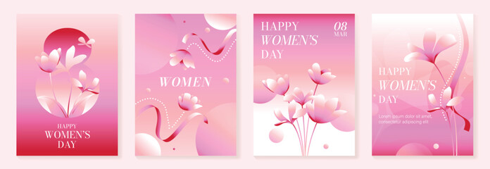 International Womens Day vector poster illustration with flower buds, petals and soft abstract curves on pink background. Soft design for greeting cards, posters, banners and invitations.