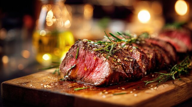 Juicy Roasted Beef Steak Seasoned With Herbs And Salt On A Wooden Board With Soft Bokeh Lights