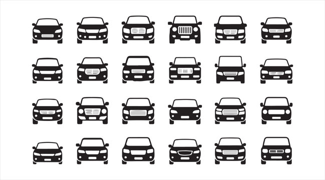 Car front view icon collection with modern automobile silhouettes