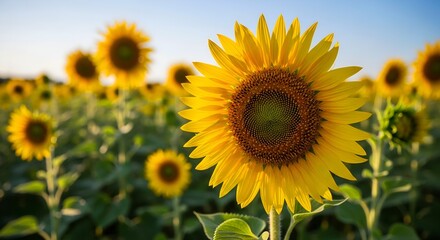 Obraz premium A vibrant field of sunflowers basking in the warm sunlight.