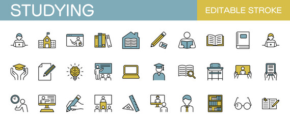勉強に関するアイコンセット 　学校・教育・学習など（線幅変更可能・カラー） © Rico