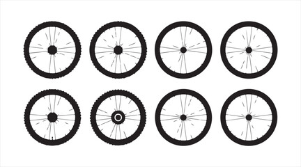 Black cycling wheel symbols set for transport, mobility, and bike design