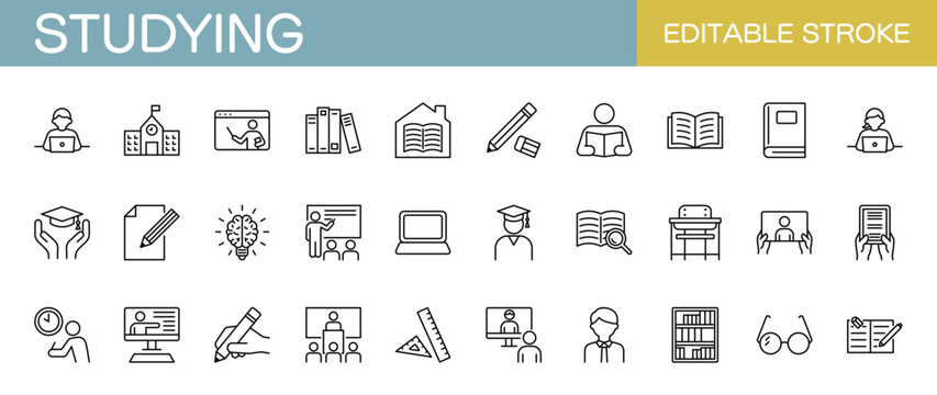 勉強に関するアイコンセット 　学校・教育・学習など（線幅変更可能）