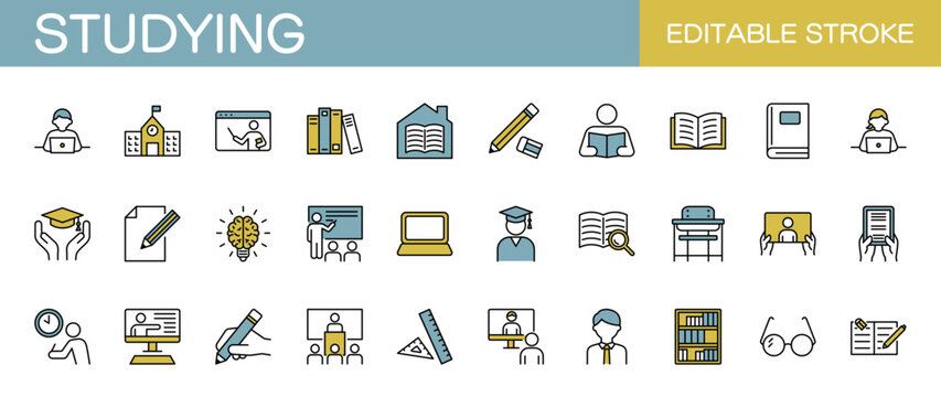 勉強に関するアイコンセット 　学校・教育・学習など（線幅変更可能・カラー）